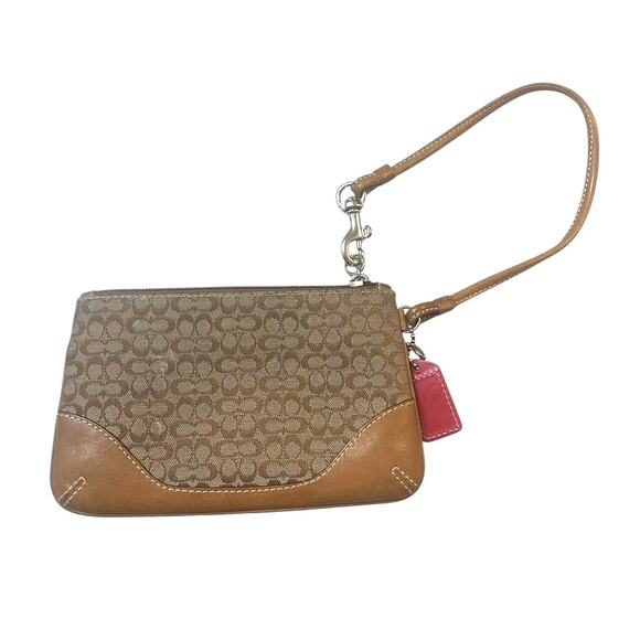 Coach Signature Wristlet Khaki Brown Canvas & Leather Small Pouch - Picture 3 of 5